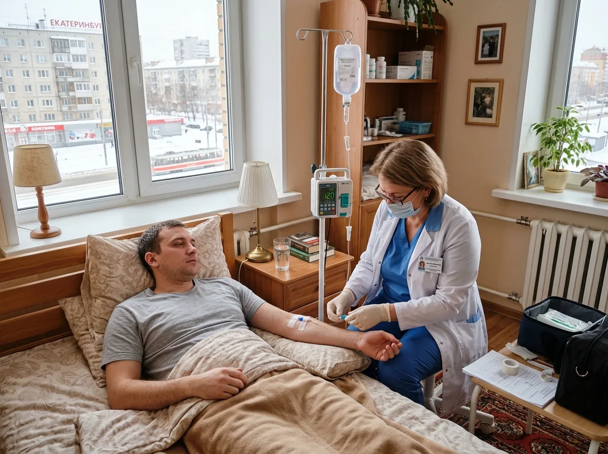 Врач-нарколог ставит капельницу пациенту на дому в Екатеринбурге, светлая уютная комната, профессиональная медицинская обстановка, спокойная атмосфера