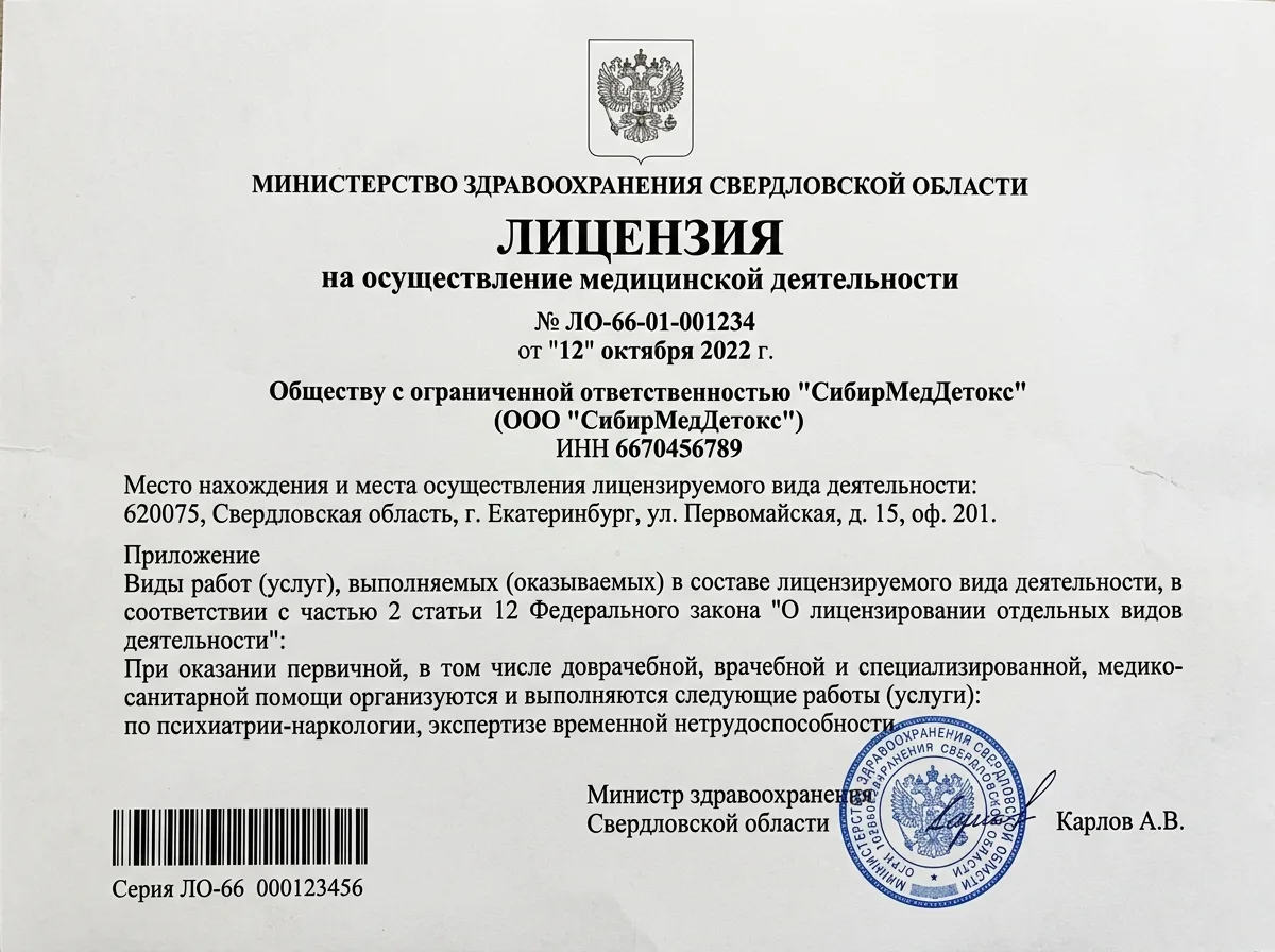 Скан лицензии на осуществление медицинской деятельности ООО СибирьМедДетокс, официальный документ Министерства здравоохранения Свердловской области на белом фоне